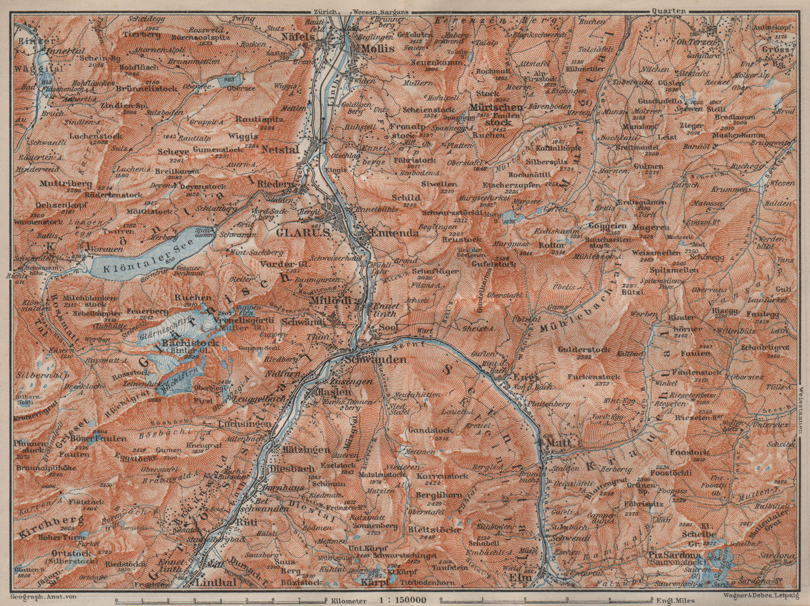 GLARUS area. Braunwald Bächistock Netstall Mollis Näfels Elm. Topo-map 1913